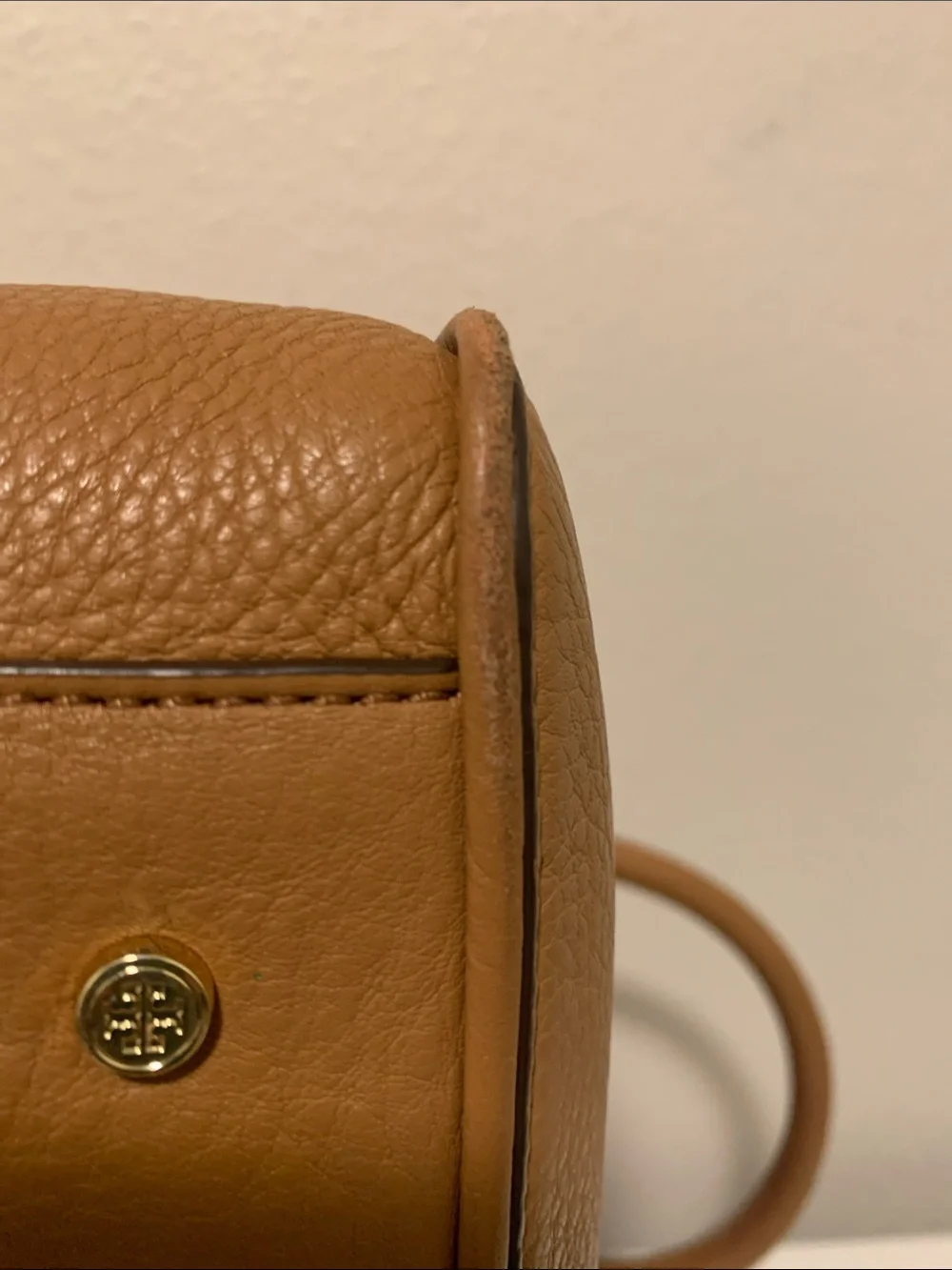 Tory Burch Robinson Camel Brown Pebbled Leather Satchel with Gold Logo